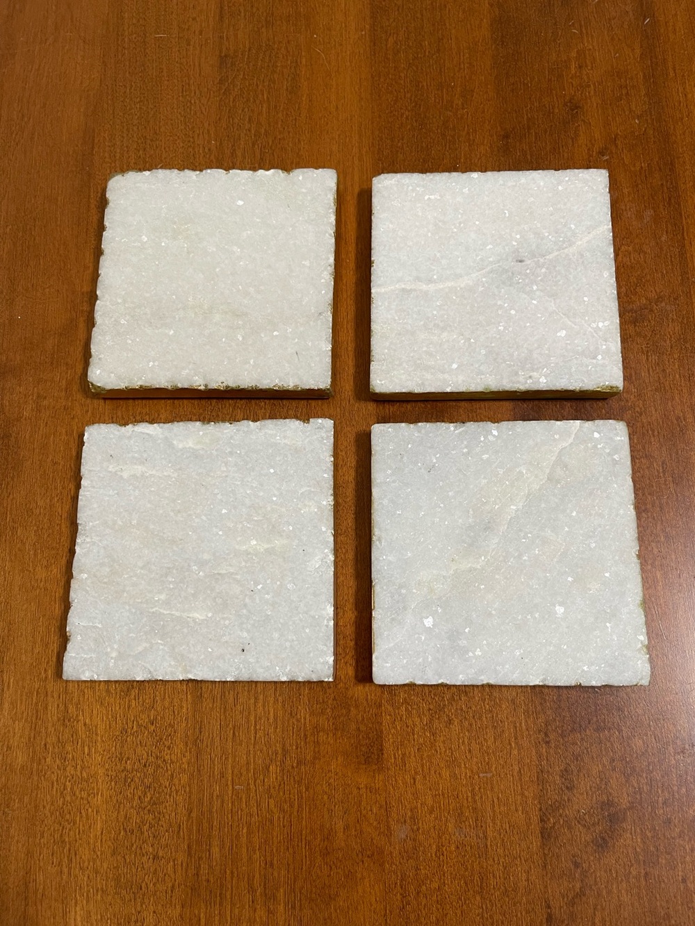 White Natural Stone Marble Sparkle Shimmery Square Coasters Gold Edges 4x4 4 Set